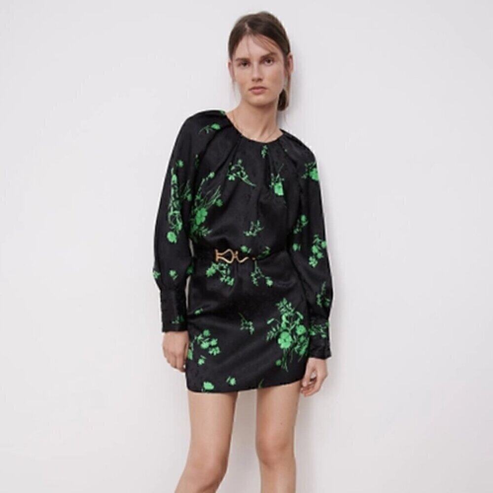 Zara Green Floral Long Sleeve Mini Dress Belted NWT - Picture 13 of 16